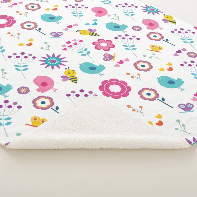 Cute Girly Flower Garden with Birds and Bees Sherpa Blanket (3/4)