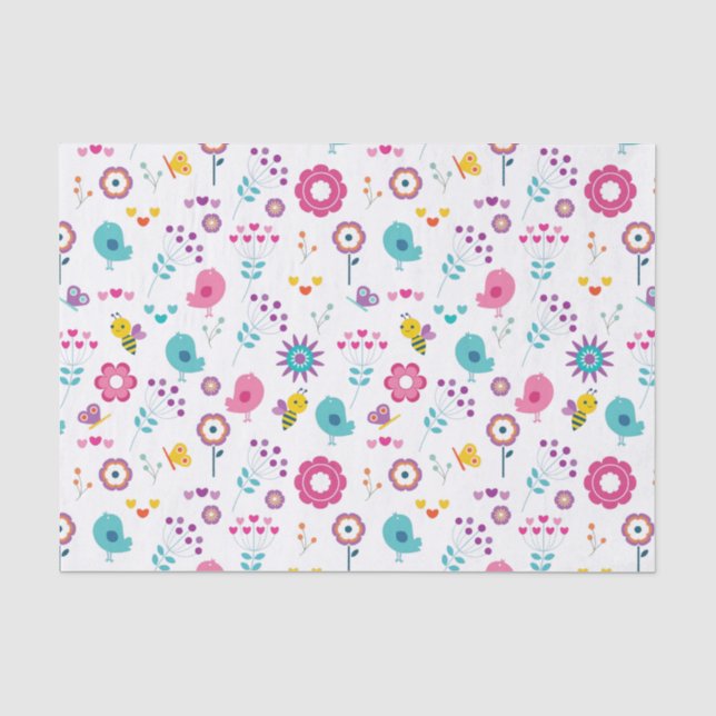 Cute Girly Flower Garden with Birds and Bees Tissue Paper (Front)