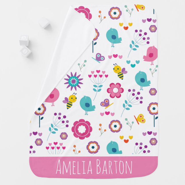 Cute Girly Flowers and Birds Pattern Personalised Baby Blanket (In Situ)
