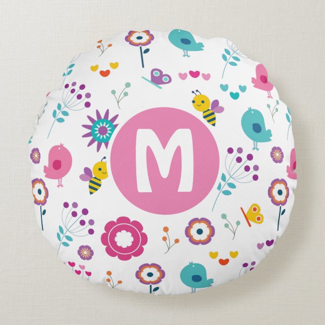 Cute Girly Flowers and Birds Pattern Personalised Round Pillow (Front)