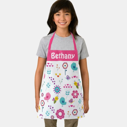 Cute Girly Flowers Birds and Bees Pattern Name Apron