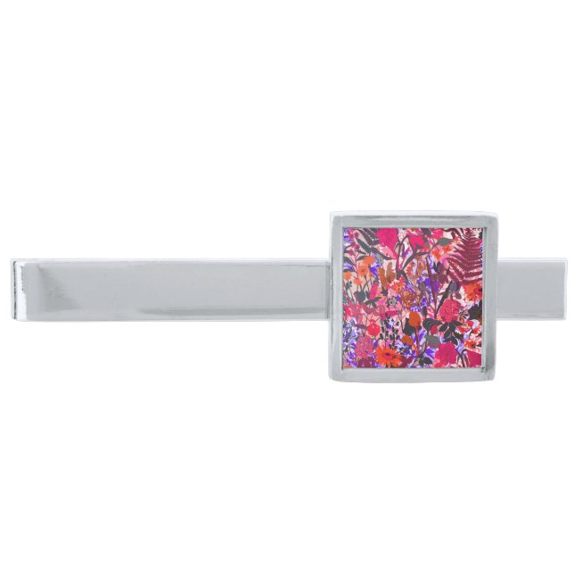 Cute girly flowers pattern silver finish tie clip (Front)
