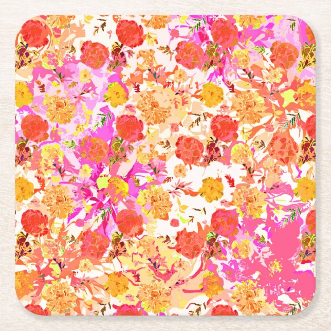 Cute girly flowers pattern square paper coaster (Front)