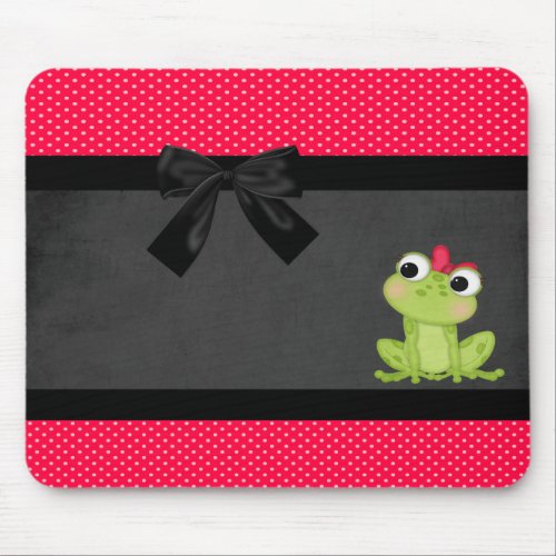 Cute Girly Frog On Red Polka Dots _Black Bow Mouse Pad