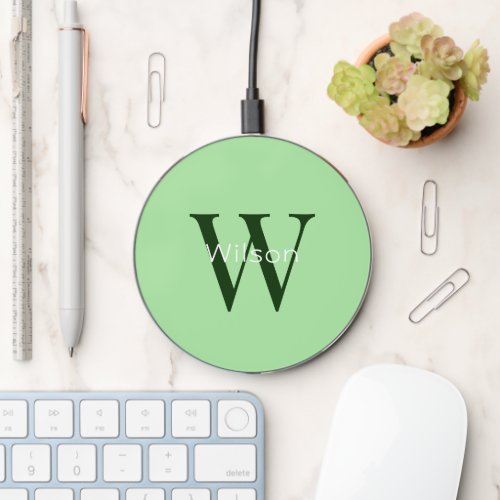 Cute Girly Fun Bright Green Monogram Name Initial Wireless Charger