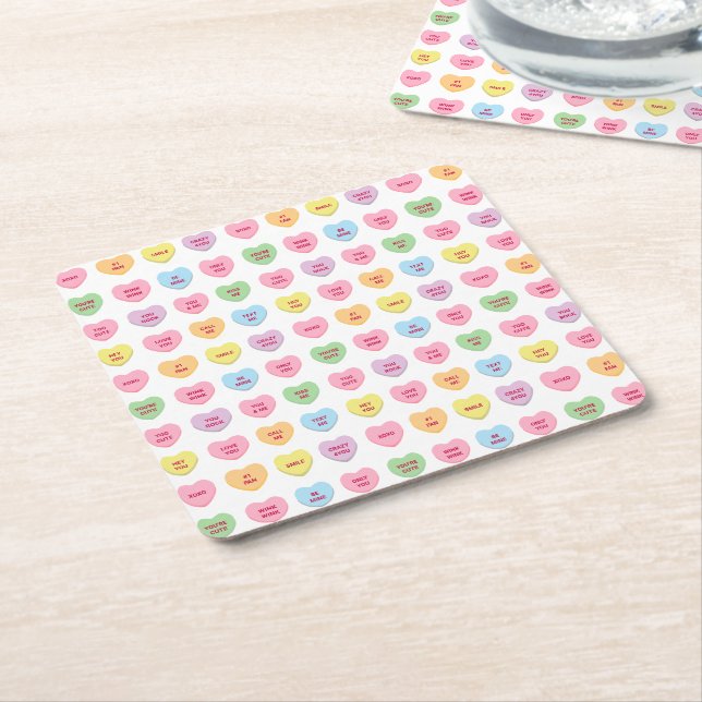 Cute girly fun conversation candy hearts pattern square paper coaster (Angled)