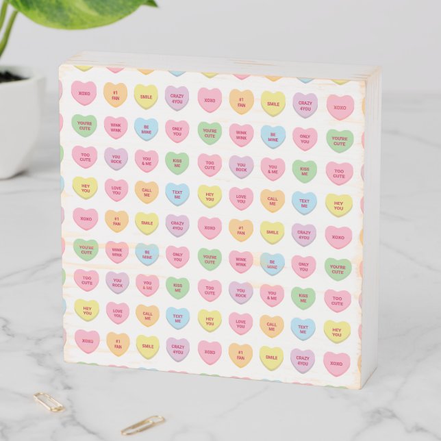 Cute girly fun custom conversation candy hearts wooden box sign (In Situ Horizontal)