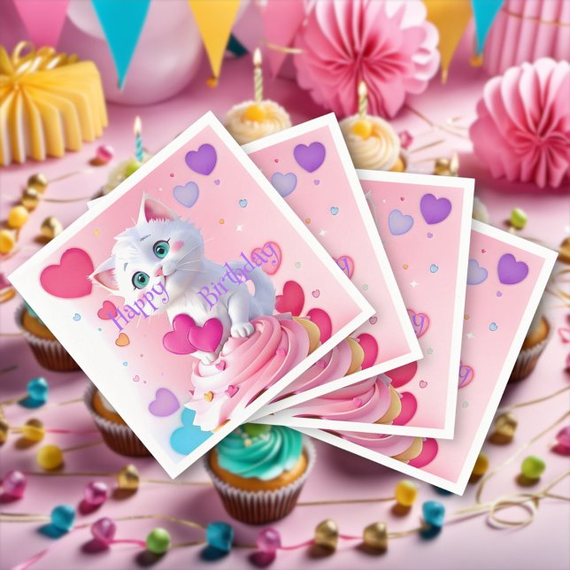 Cute Girly Fun White Kitten Cupcake Birthday Party Napkins (Creator Uploaded)