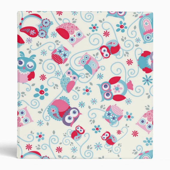 cute girly funny faces owls flowers swirls pattern 3 ring binder (Front)
