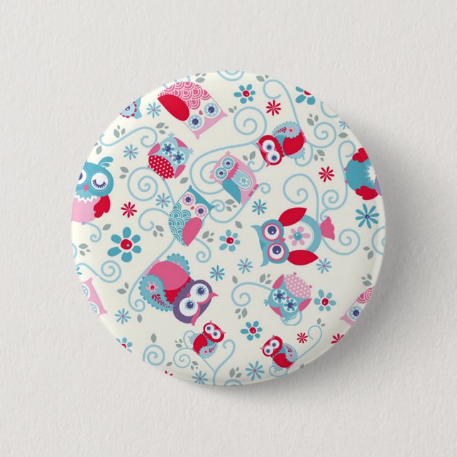 cute girly funny faces owls flowers swirls pattern button (Front)