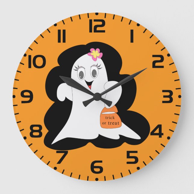 Cute Girly Ghost Halloween Trick or Treat Large Clock (Front)