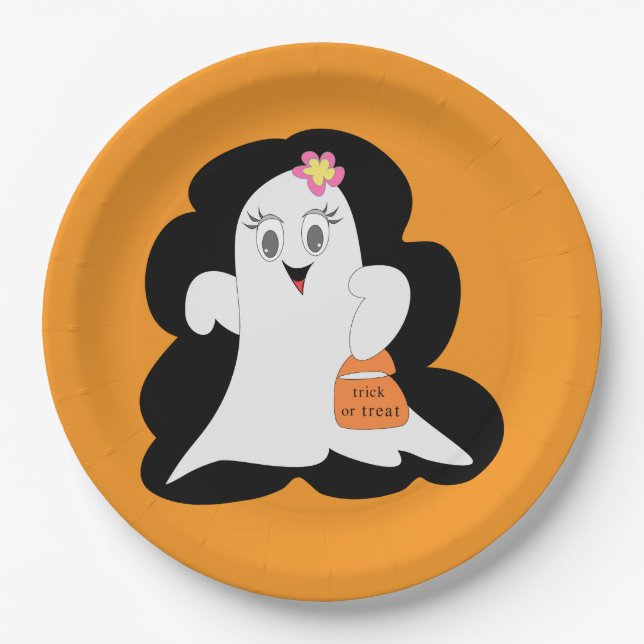 Cute Girly Ghost Halloween Trick or Treat Paper Plates (Front)