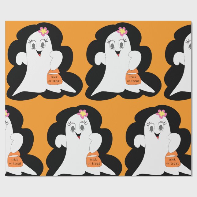 Cute Girly Ghost Halloween Trick or Treat Wrapping Paper (Flat)