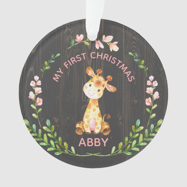 Cute Girly Giraffe Baby's First Christmas Ornament (Front)