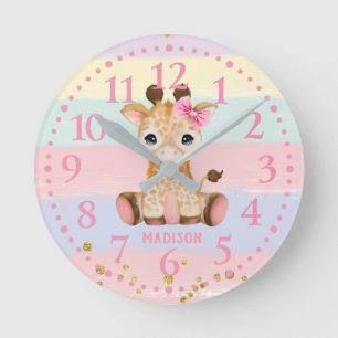 Cute  Girly Giraffe Rainbow Round Clock