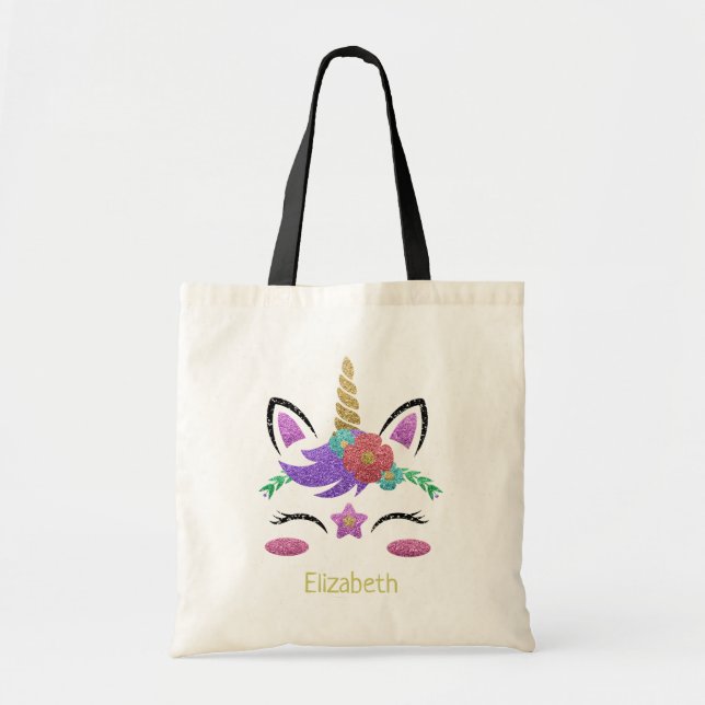 Cute Girly Glitter Gold  Pink Unicorn Personalized Tote Bag (Front)