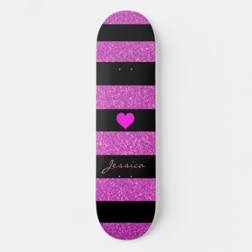 Cute Girly Glitter Pink Black Stripes Custom Name Skateboard