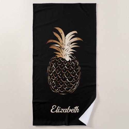 Cute Girly Gold and black Pineapple _ Personalized Beach Towel