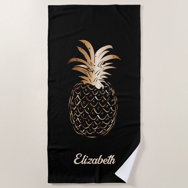Cute Girly Gold and black Pineapple - Personalized Beach Towel (Front)