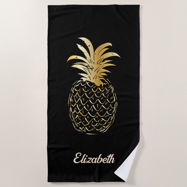 Cute Girly Gold and black Pineapple - Personalized Beach Towel (Front)