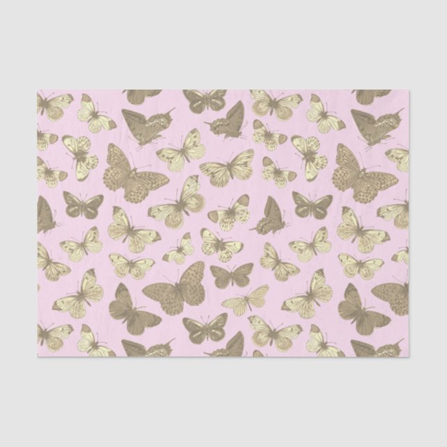 Cute Girly Gold Beige Butterfly Pattern on Pink Tissue Paper (Front)