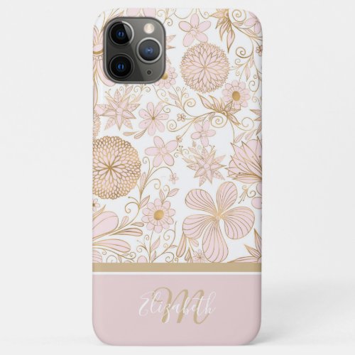 Cute Girly Gold Floral Doodles Blush Pink Design iPhone 11 Pro Max Case