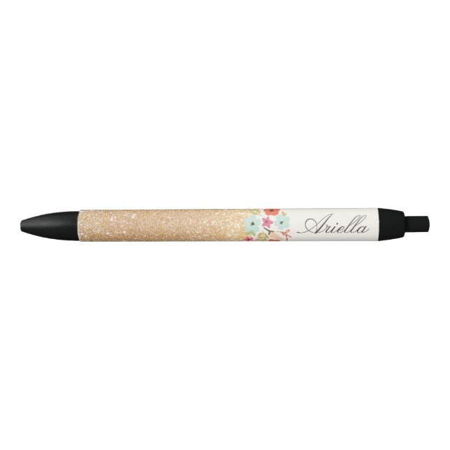 Cute Girly Gold Glitter Floral Personalized Name Pen (Front)