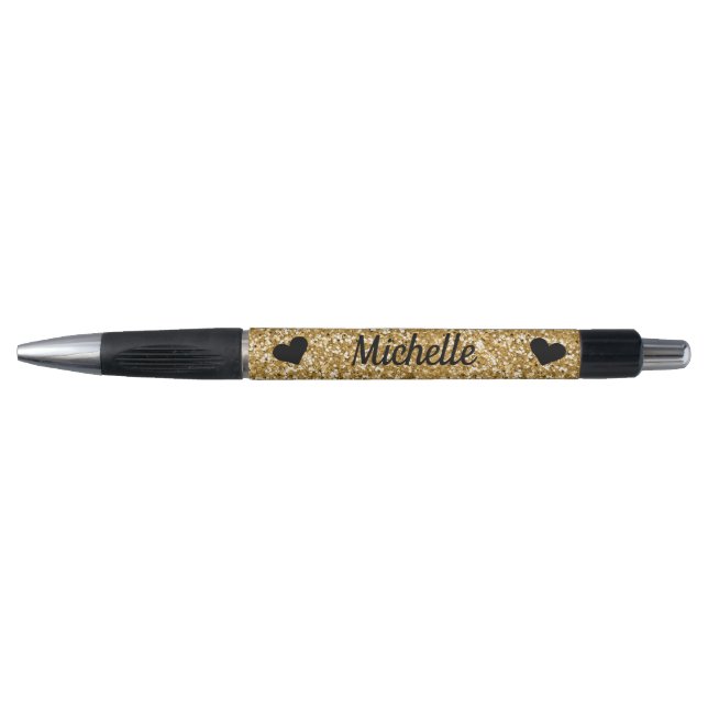 Cute Girly Gold Glitter Sparkle Hearts Name Pen (Front)