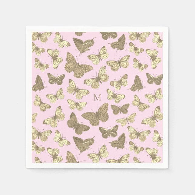 Cute Girly Gold Pink Butterfly Pattern Monogram Napkins (Front)