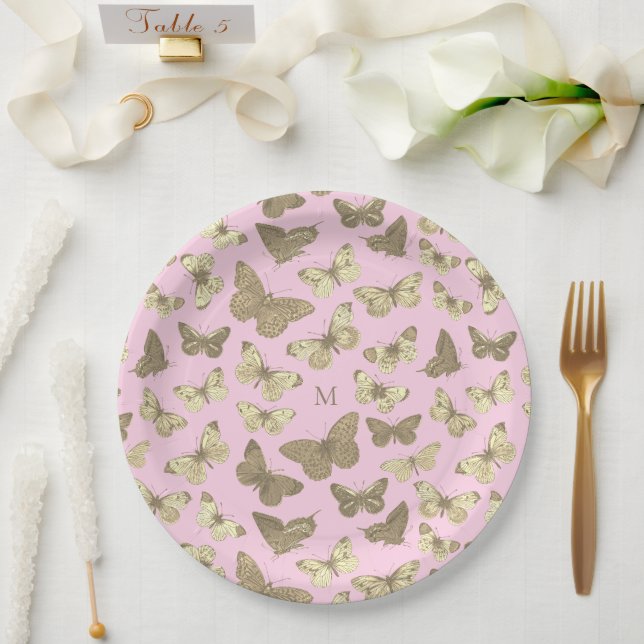 Cute Girly Gold Pink Butterfly Pattern Monogram Paper Plates (Wedding)