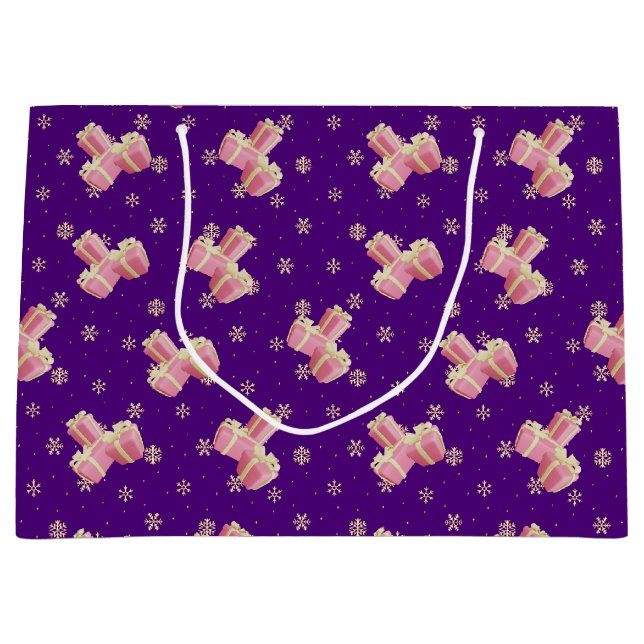 Cute Girly Gold Purple Pink Christmas Presents Large Gift Bag (Front)