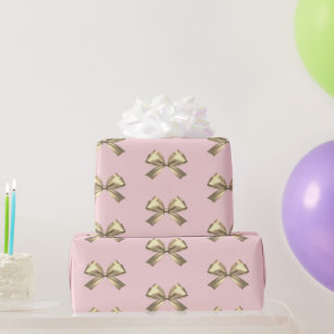Cute Girly Gold Satin Aesthetic Bow Pink Wrapping Paper