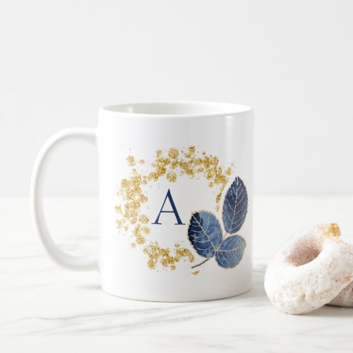 Cute Girly Gold Sparkle  Blue Leaf Monogram Name Coffee Mug