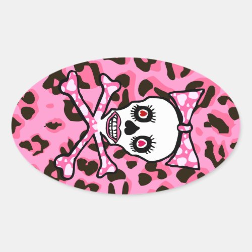 Cute Girly goth punk skull on pink leopard print Oval Sticker