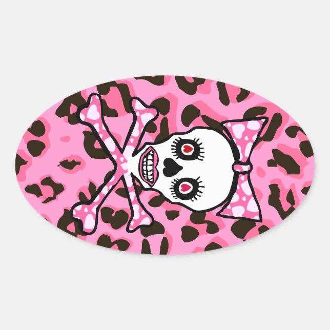 Cute Girly goth punk skull on pink leopard print Oval Sticker (Front)