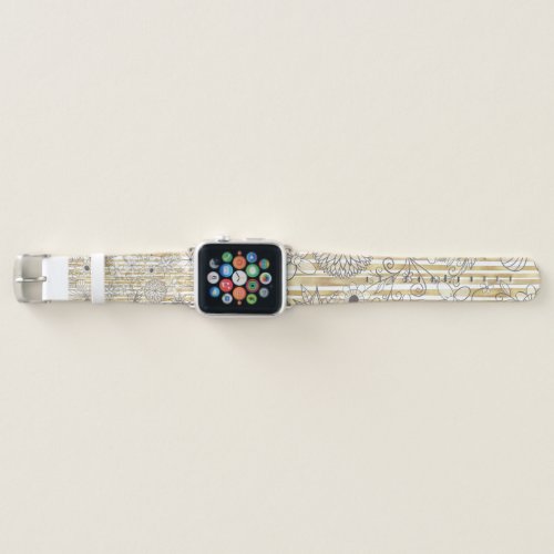 Cute Girly Gray Floral Doodles Gold Stripes Design Apple Watch Band