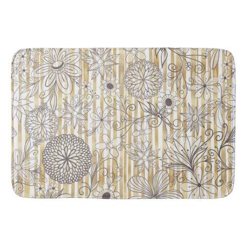 Cute Girly Gray Floral Doodles Gold Stripes Design Bath Mat
