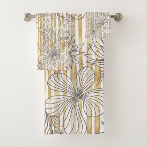 Cute Girly Gray Floral Doodles Gold Stripes Design Bath Towel Set