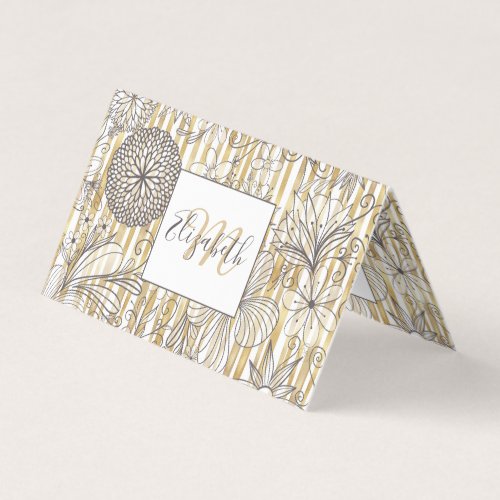 Cute Girly Gray Floral Doodles Gold Stripes Design Business Card