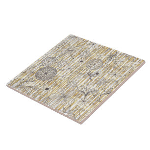Cute Girly Gray Floral Doodles Gold Stripes Design Ceramic Tile