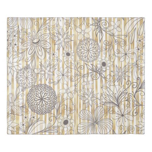 Cute Girly Gray Floral Doodles Gold Stripes Design Duvet Cover