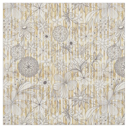 Cute Girly Gray Floral Doodles Gold Stripes Design Fabric