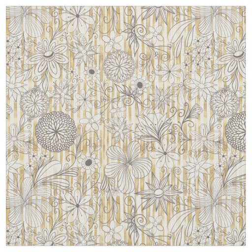 Cute Girly Gray Floral Doodles Gold Stripes Design Fabric