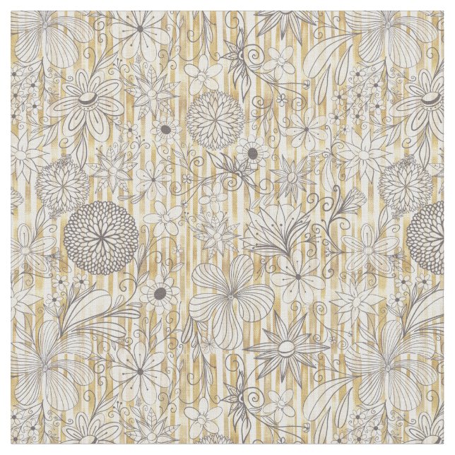 Cute Girly Gray Floral Doodles Gold Stripes Design Fabric (Close Up)