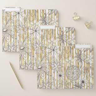 Cute Girly Gray Floral Doodles Gold Stripes Design File Folder