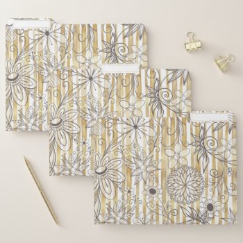 Cute Girly Gray Floral Doodles Gold Stripes Design File Folder by InovArtS at Zazzle