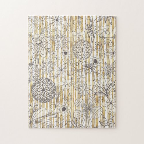 Cute Girly Gray Floral Doodles Gold Stripes Design Jigsaw Puzzle