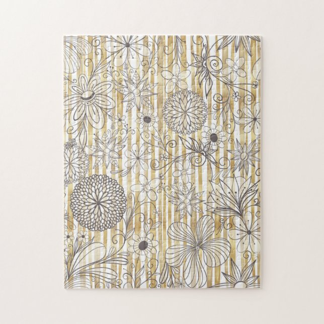 Cute Girly Gray Floral Doodles Gold Stripes Design Jigsaw Puzzle (Vertical)