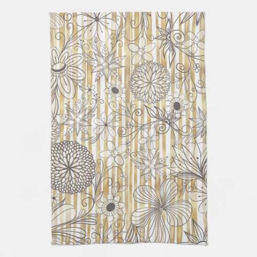 Cute Girly Gray Floral Doodles Gold Stripes Design Kitchen Towel