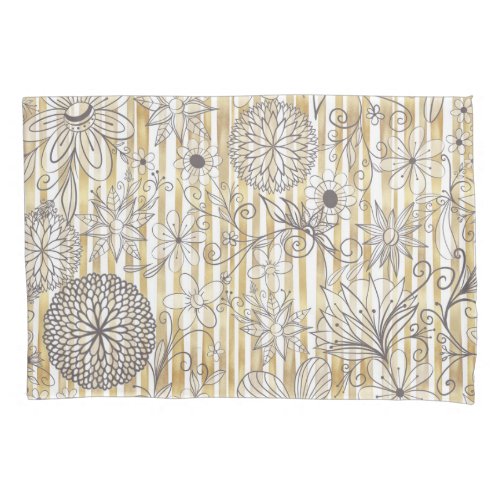 Cute Girly Gray Floral Doodles Gold Stripes Design Pillow Case